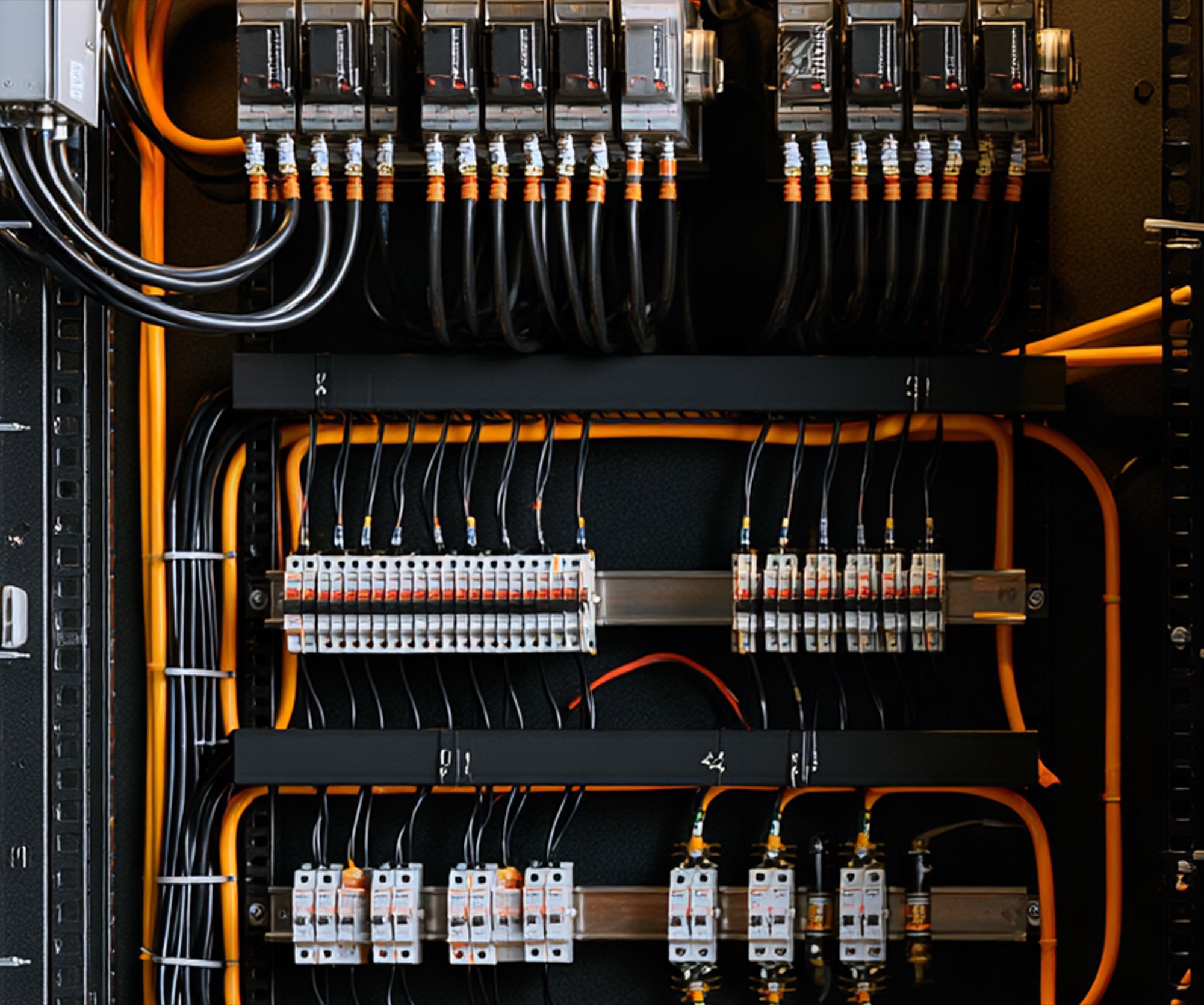 Geopende groepenkast met een rij installatieautomaten en oranje bedrading