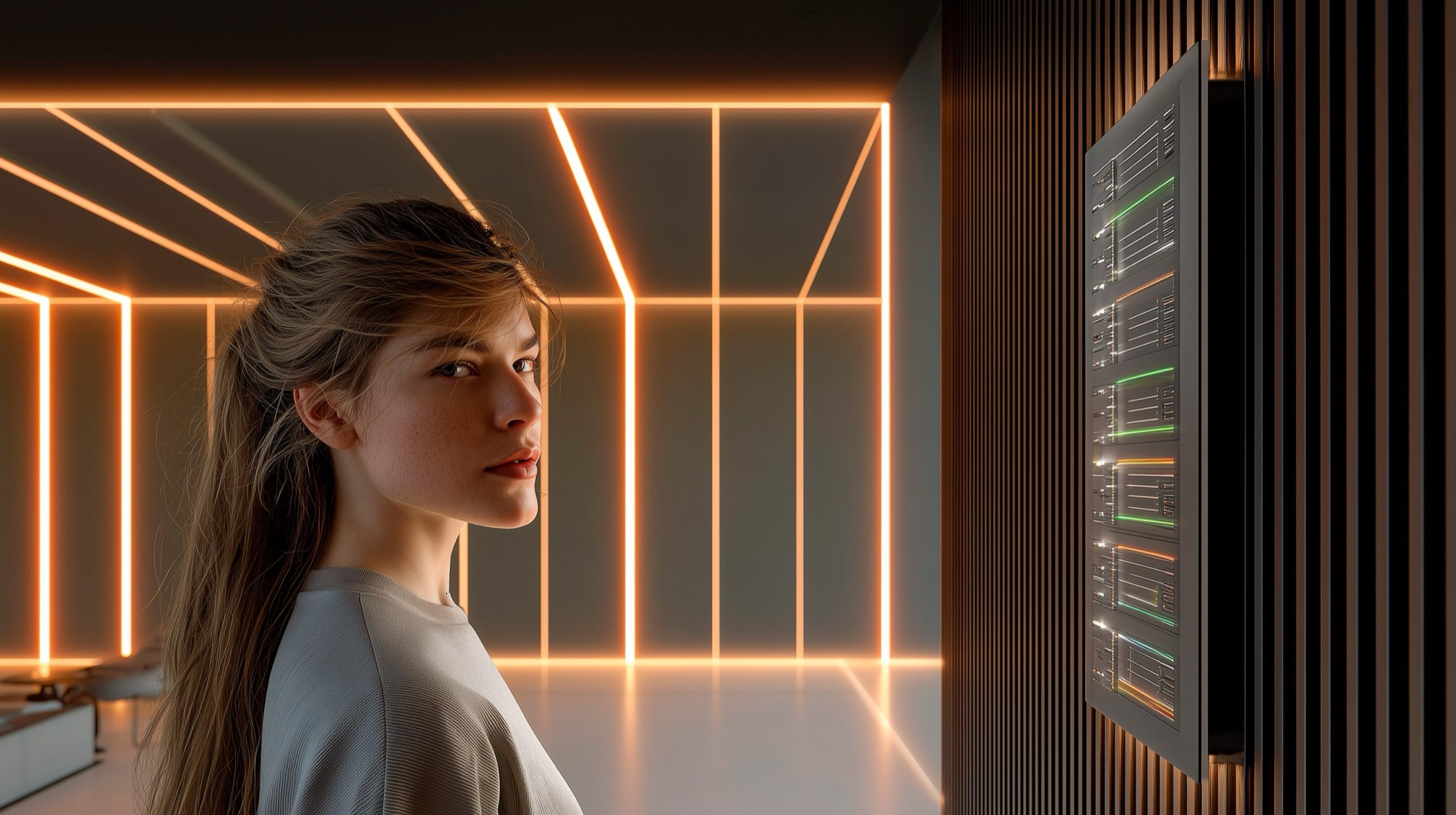 Vrouw in een donkere woonkamer met oranje ledlijnen en een bedieningspaneel aan de wand