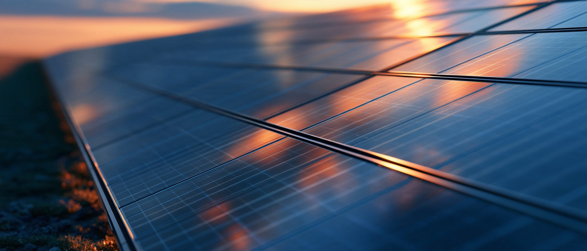 Zonnepanelen op een dak bij ondergaande zon, van dichtbij