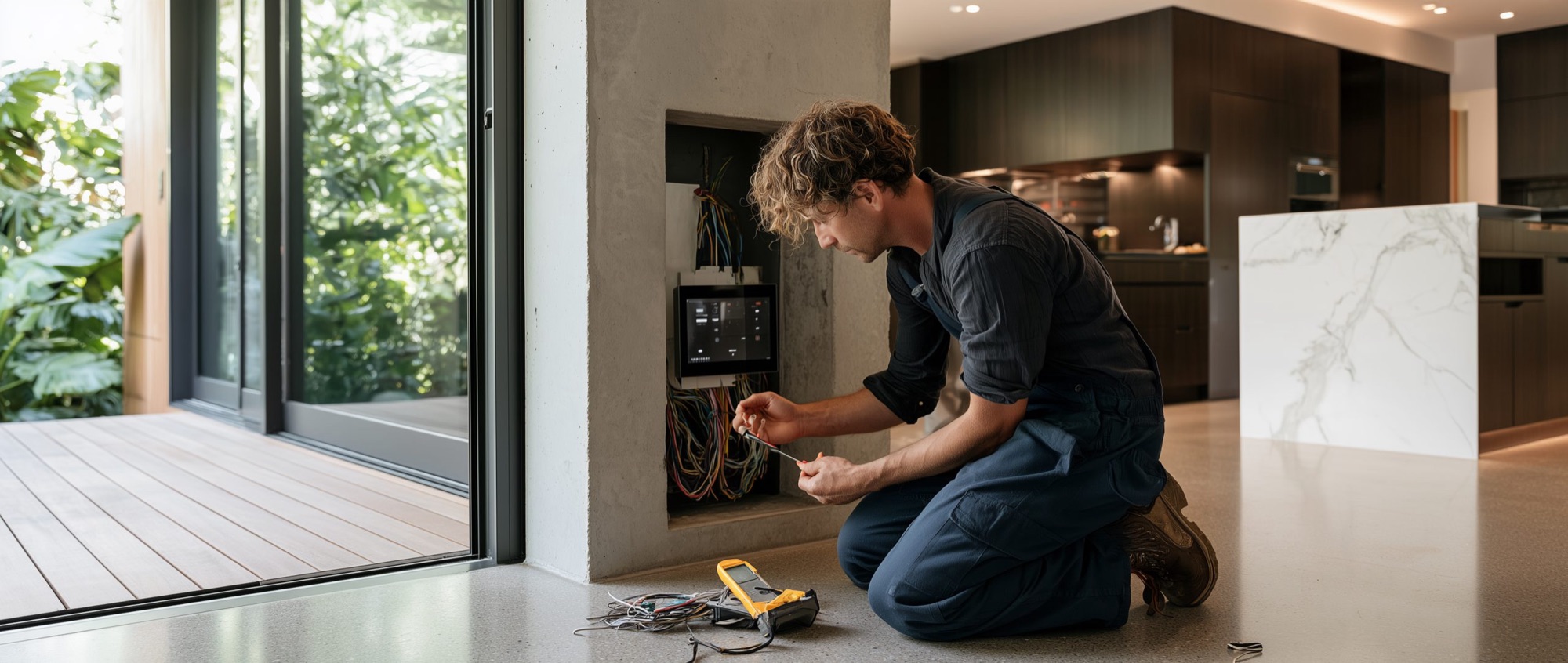 Monteur geknield bij een geopende wandkast in een moderne open keuken en woonkamer