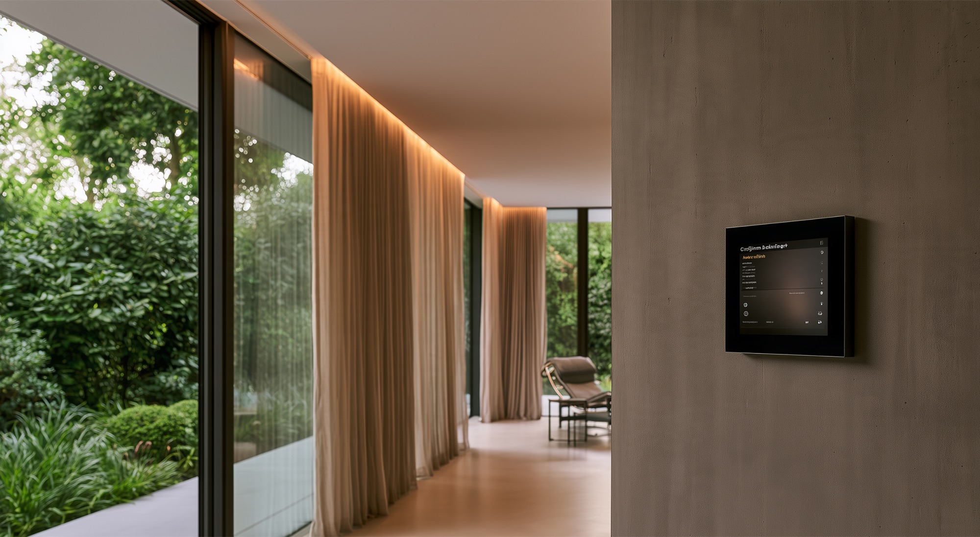 Interieur met gordijnen, indirecte verlichting langs het plafond en een bedieningspaneel aan de wand