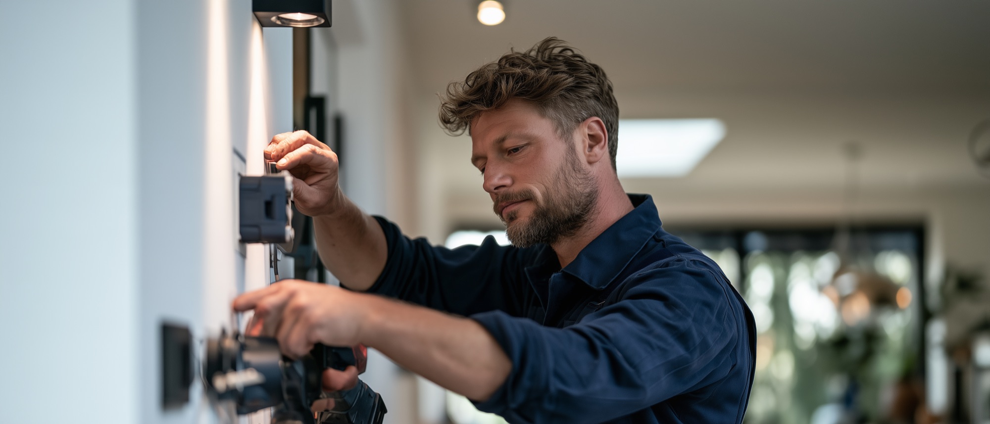 Monteur met baard werkt aan een aansluiting aan de wand