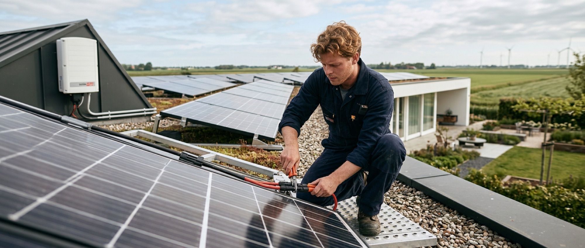 Monteur op een plat dak met zonnepanelen naast een omvormer