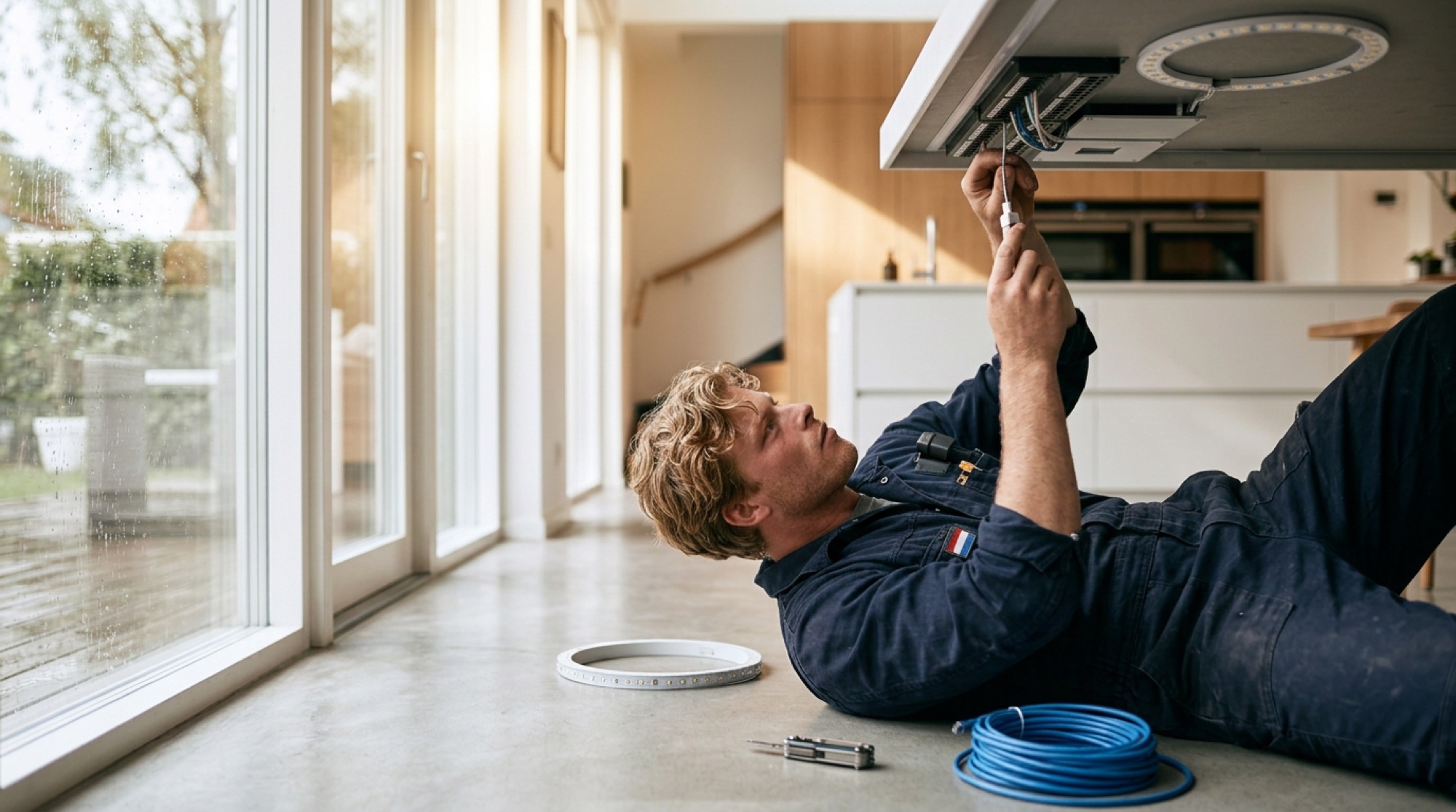 Monteur ligt op de vloer van een keuken en werkt aan een plafondaansluiting