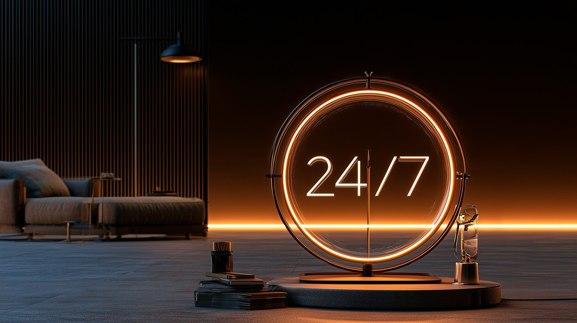 Neonring met 24/7 in een donkere ruimte