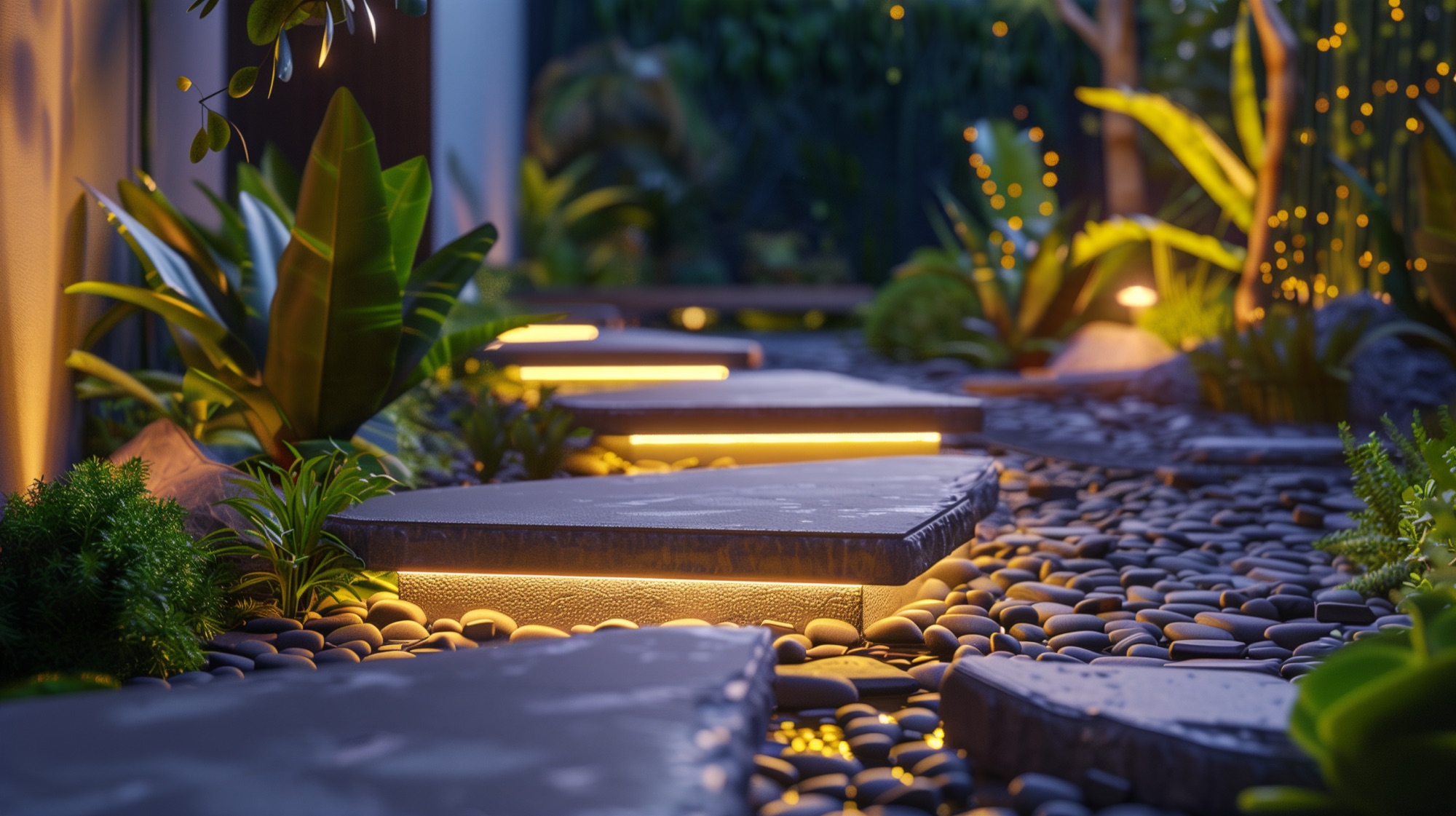 Tuinpad met verlichte stapstenen tussen de beplanting